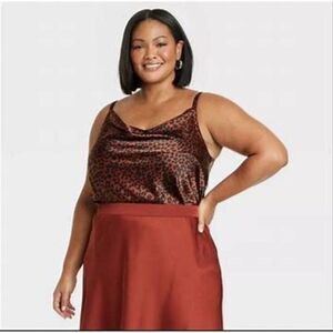 Women's Satin Tank Top - Ava & Viv Brown Animal Print Soft Chic Plus 3X NWT